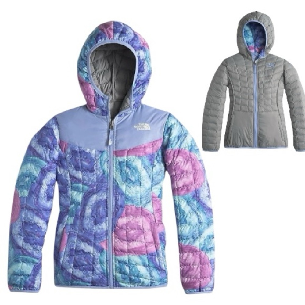 The North Face Reversible ThermoBall Hoodie Jacket Grapemist Blue Crystal Print